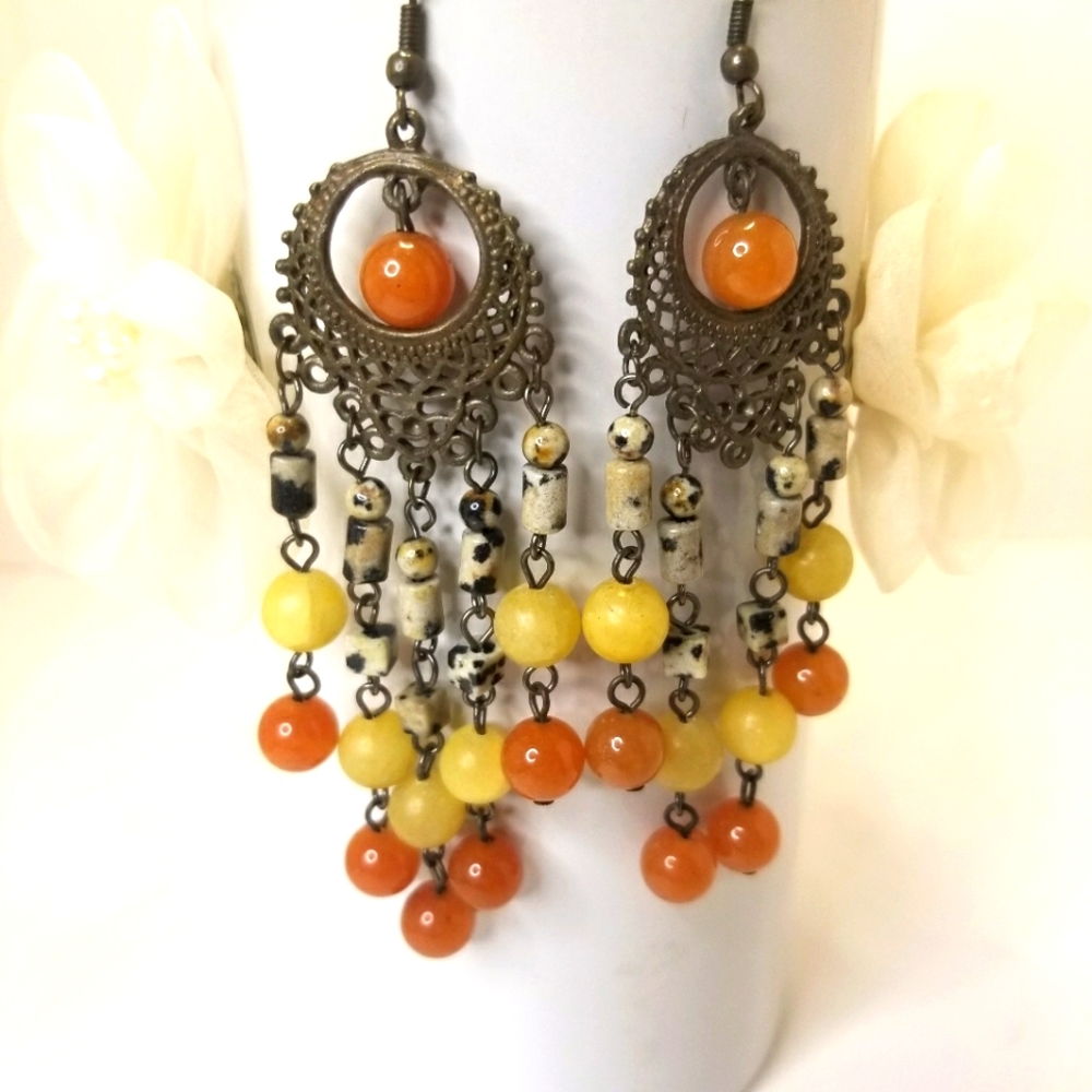 Vintage Hippie Boho Carnelian & Jasper Gemstone Earrings